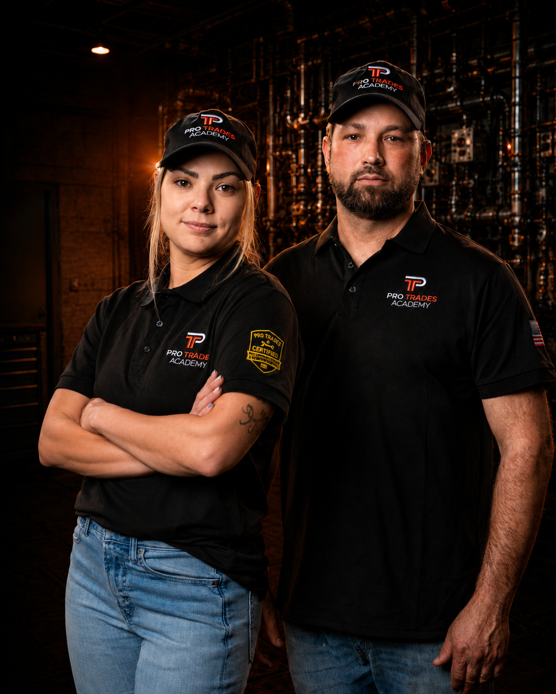 Dois profissionais Pro Trades Academy de boné e polo preto com logo, em pé no laboratório de tubulações industriais