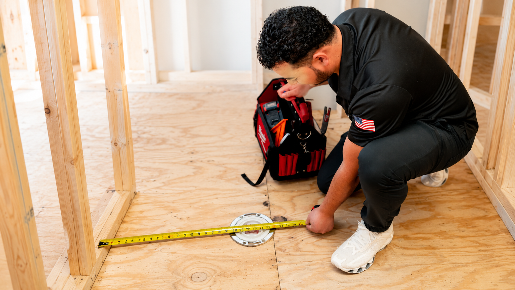 Profissional Pro Trades Academy medindo instalação de encanamento com trena em obra residencial