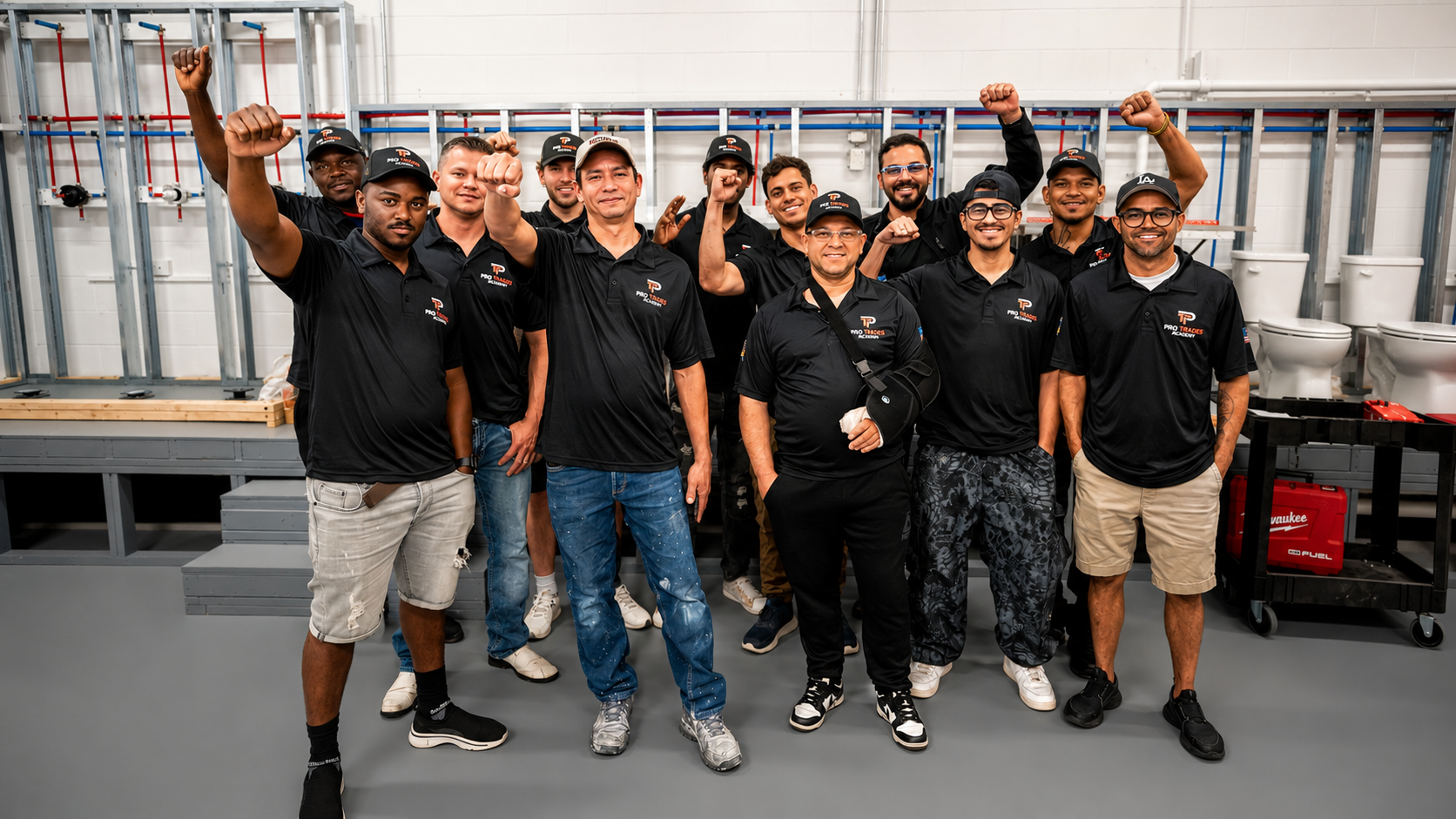 Turma da Pro Trades com punhos erguidos no laboratório de plumbing