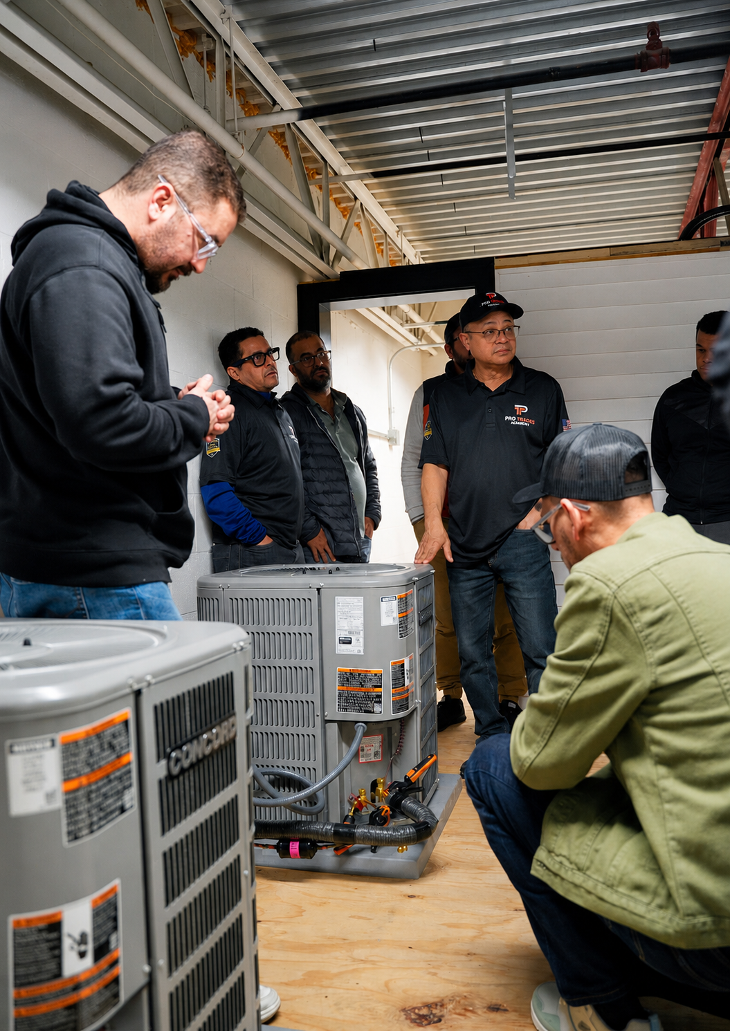 Instrutor Pro Trades Academy ensinando alunos em bancada de HVAC
